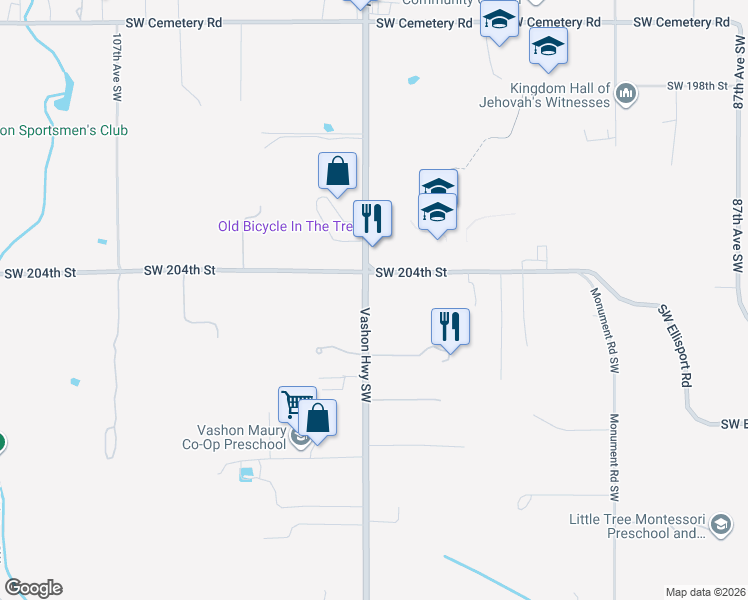 map of restaurants, bars, coffee shops, grocery stores, and more near 20426 Vashon Highway Southwest in Vashon