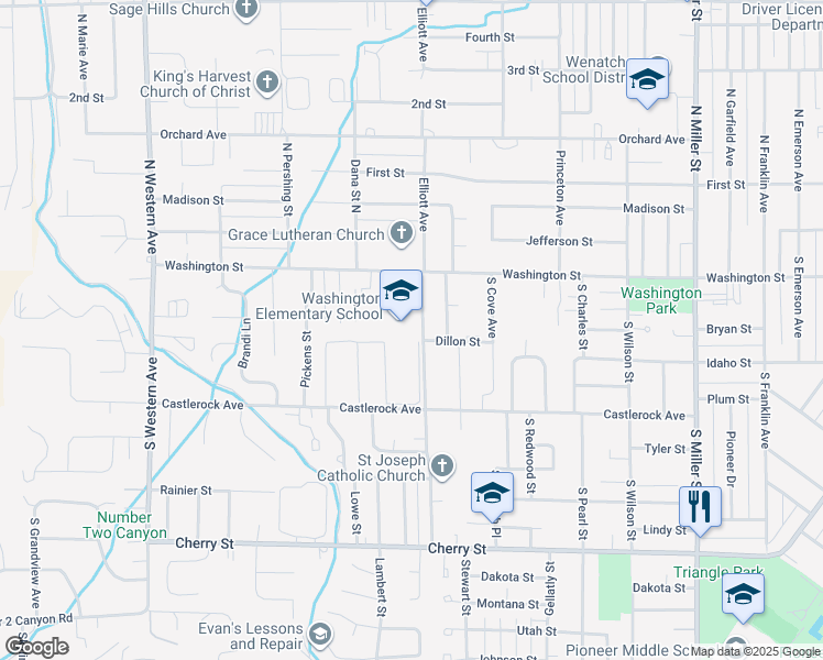 map of restaurants, bars, coffee shops, grocery stores, and more near 112 South Elliott Avenue in Wenatchee