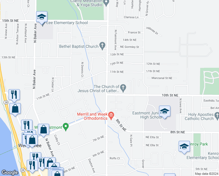 map of restaurants, bars, coffee shops, grocery stores, and more near 1037 Eastmont Avenue in East Wenatchee