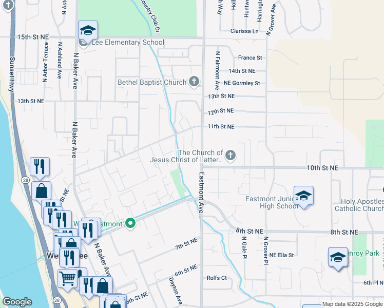 map of restaurants, bars, coffee shops, grocery stores, and more near 1039 Eastmont Avenue in East Wenatchee