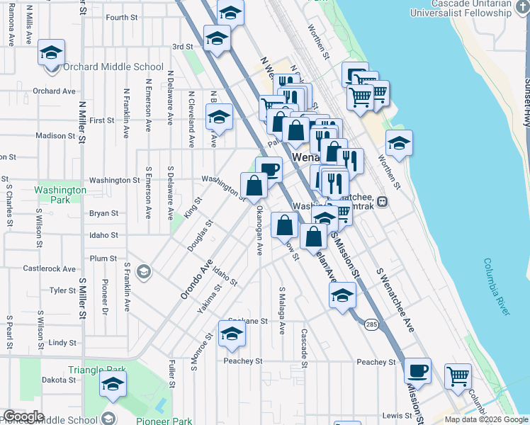 map of restaurants, bars, coffee shops, grocery stores, and more near 119 Okanogan Avenue in Wenatchee