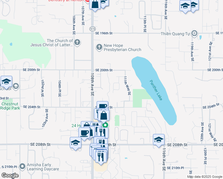 map of restaurants, bars, coffee shops, grocery stores, and more near 20223 110th Place Southeast in Kent