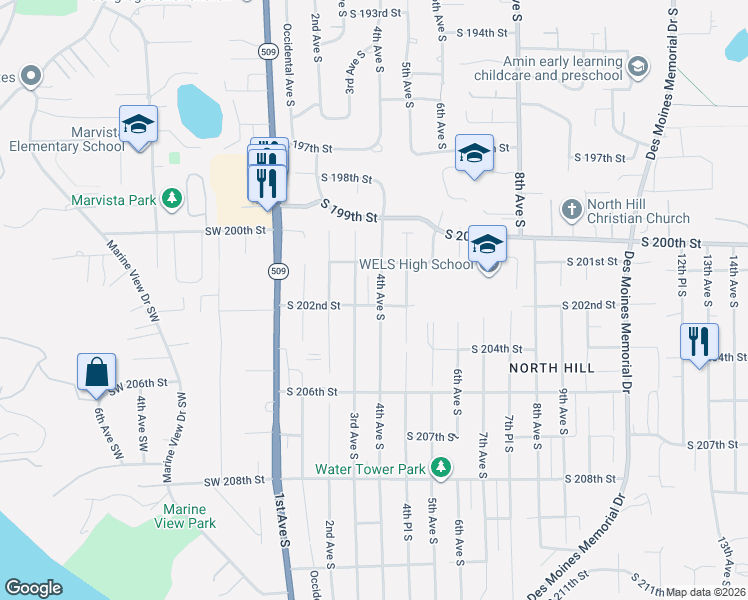 map of restaurants, bars, coffee shops, grocery stores, and more near 20135 4th Avenue South in Des Moines