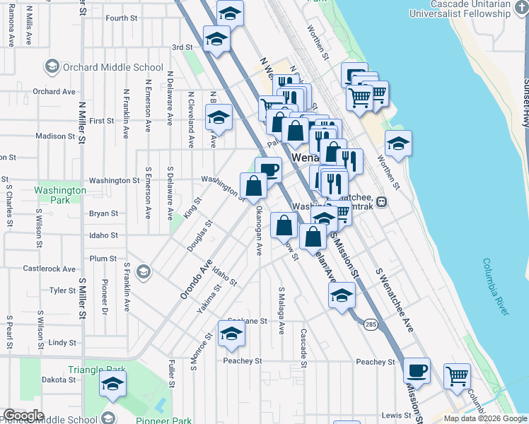 map of restaurants, bars, coffee shops, grocery stores, and more near 119 Okanogan Avenue in Wenatchee