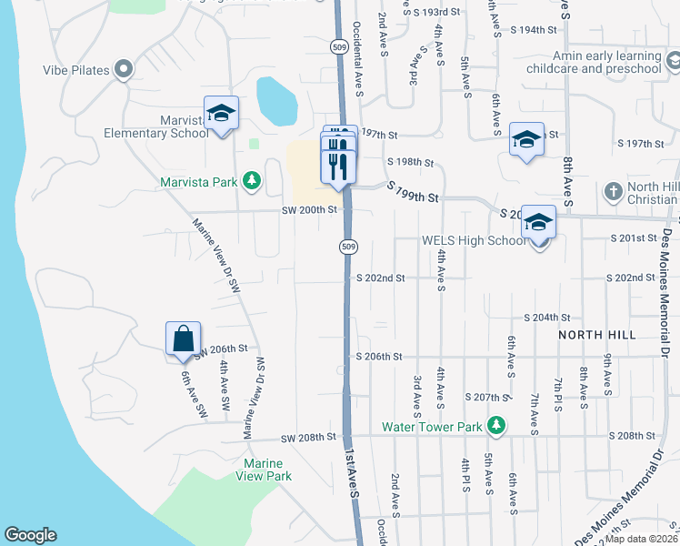 map of restaurants, bars, coffee shops, grocery stores, and more near 104 SW 202nd St in Normandy Park