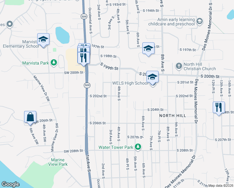 map of restaurants, bars, coffee shops, grocery stores, and more near 20135 4th Avenue South in Des Moines