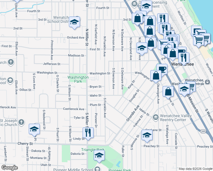map of restaurants, bars, coffee shops, grocery stores, and more near 140 South Franklin Avenue in Wenatchee