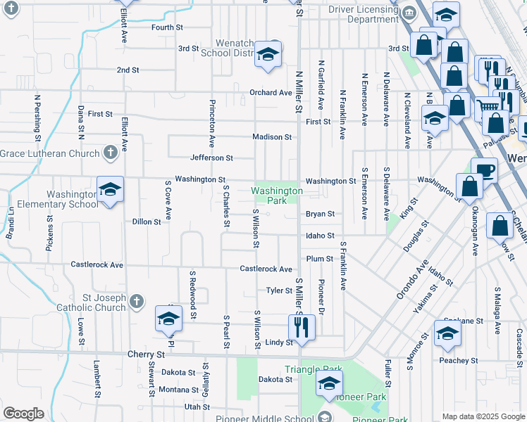 map of restaurants, bars, coffee shops, grocery stores, and more near 160 Lavender Court in Wenatchee