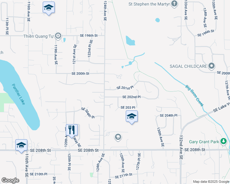 map of restaurants, bars, coffee shops, grocery stores, and more near 12503 Southeast 201st Place in Kent