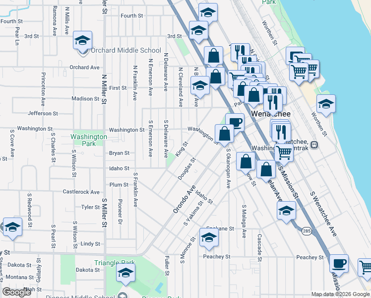 map of restaurants, bars, coffee shops, grocery stores, and more near 507 King Street in Wenatchee