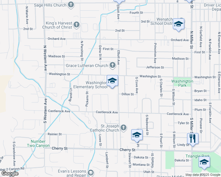 map of restaurants, bars, coffee shops, grocery stores, and more near 112 South Elliott Avenue in Wenatchee