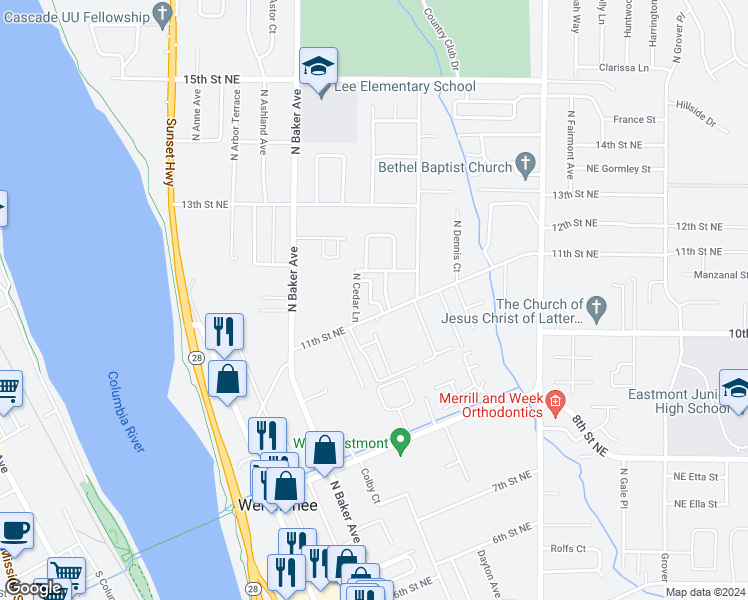 map of restaurants, bars, coffee shops, grocery stores, and more near 1100 Cedar Court in East Wenatchee