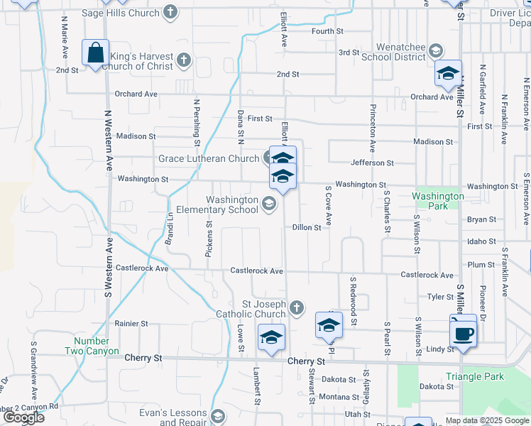 map of restaurants, bars, coffee shops, grocery stores, and more near 1401 Washington Street in Wenatchee