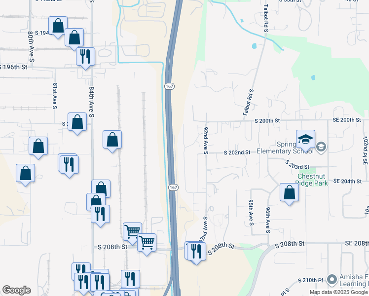 map of restaurants, bars, coffee shops, grocery stores, and more near 20018 90th Place South in Kent