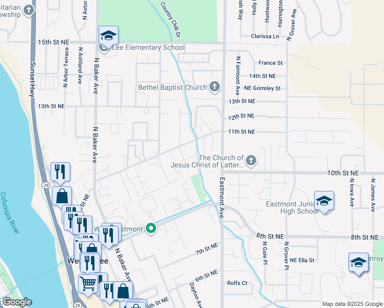 map of restaurants, bars, coffee shops, grocery stores, and more near 1011 North Denis Court in East Wenatchee