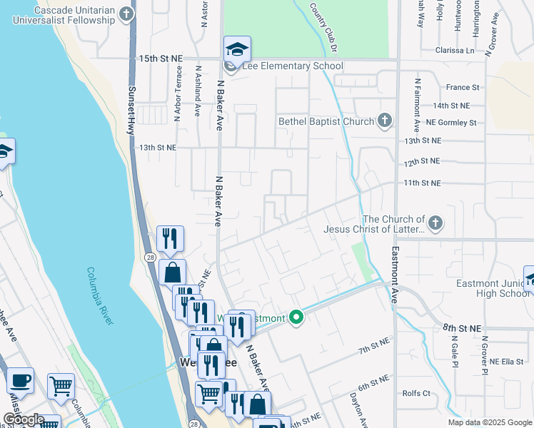map of restaurants, bars, coffee shops, grocery stores, and more near in East Wenatchee