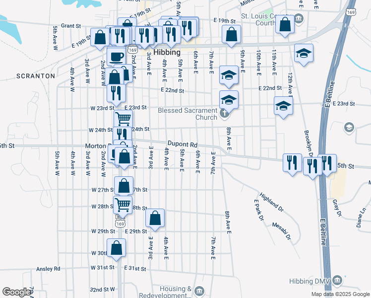 map of restaurants, bars, coffee shops, grocery stores, and more near 2517 6th Avenue East in Hibbing