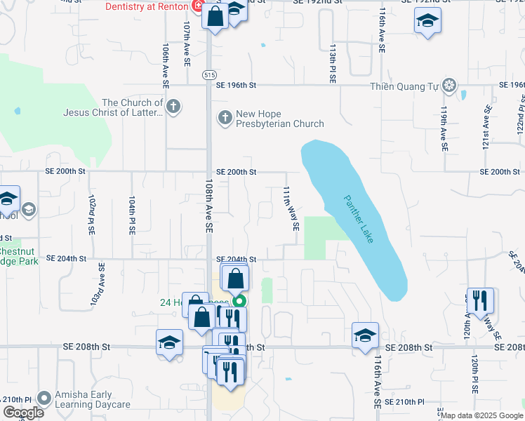 map of restaurants, bars, coffee shops, grocery stores, and more near 20223 110th Place Southeast in Kent