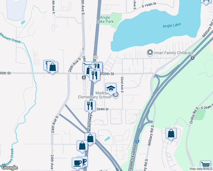 map of restaurants, bars, coffee shops, grocery stores, and more near 20036 30th Avenue South in SeaTac
