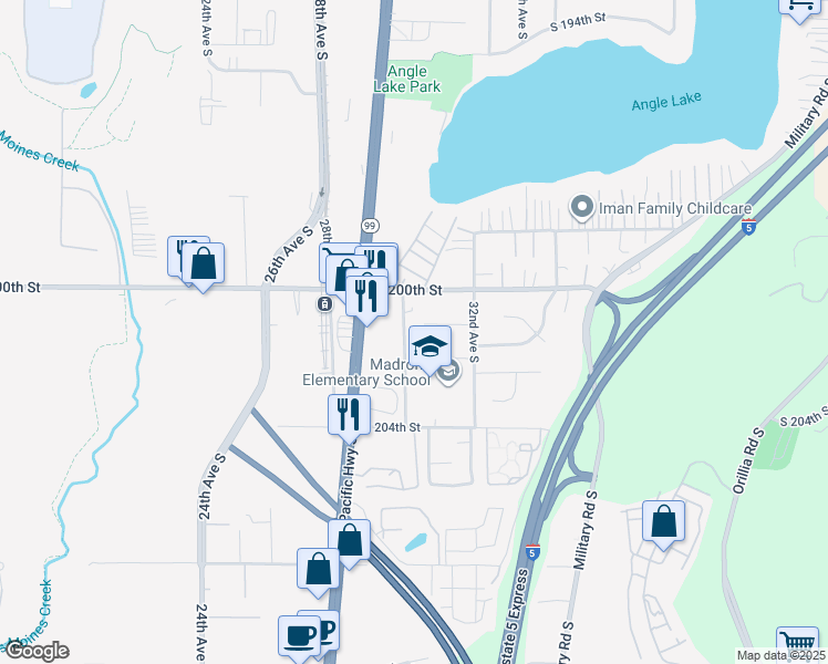 map of restaurants, bars, coffee shops, grocery stores, and more near 20051 30th Avenue South in SeaTac