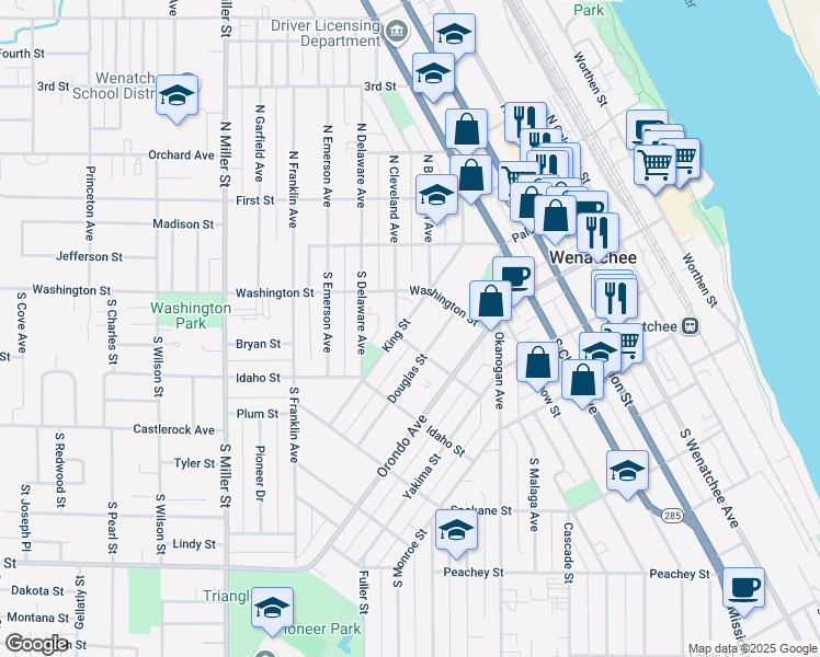 map of restaurants, bars, coffee shops, grocery stores, and more near 407 Oregon Street in Wenatchee