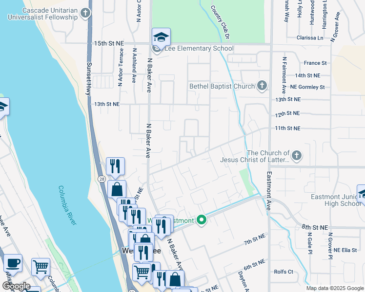 map of restaurants, bars, coffee shops, grocery stores, and more near in East Wenatchee