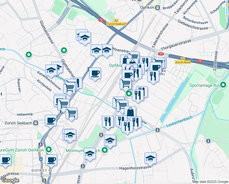 map of restaurants, bars, coffee shops, grocery stores, and more near 101 Thurgauerstrasse in Opfikon