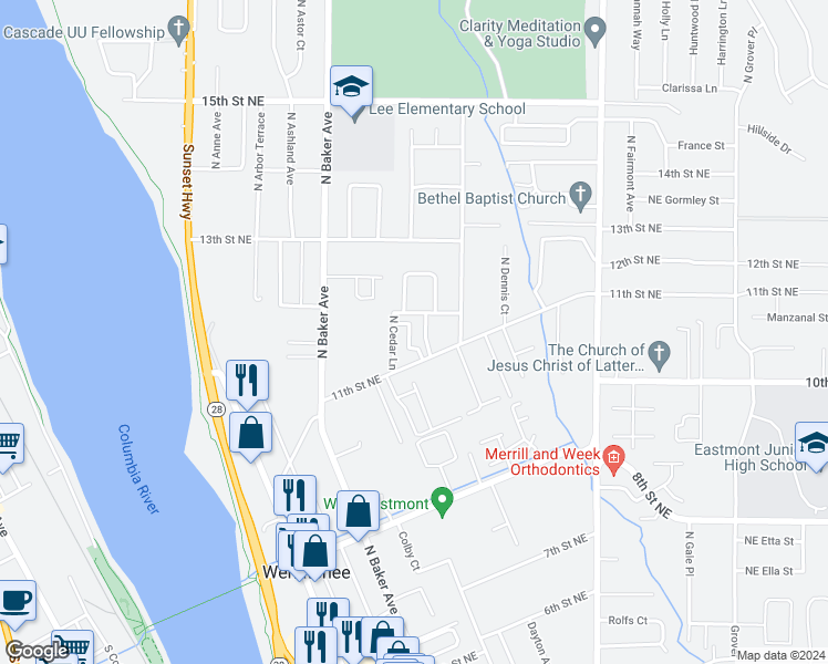 map of restaurants, bars, coffee shops, grocery stores, and more near 1108 Cedar Court in East Wenatchee