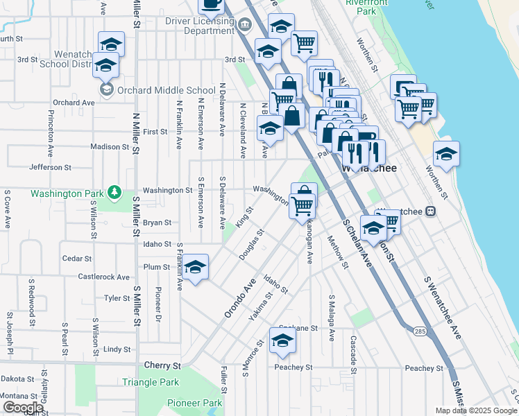 map of restaurants, bars, coffee shops, grocery stores, and more near 415 Washington Street in Wenatchee