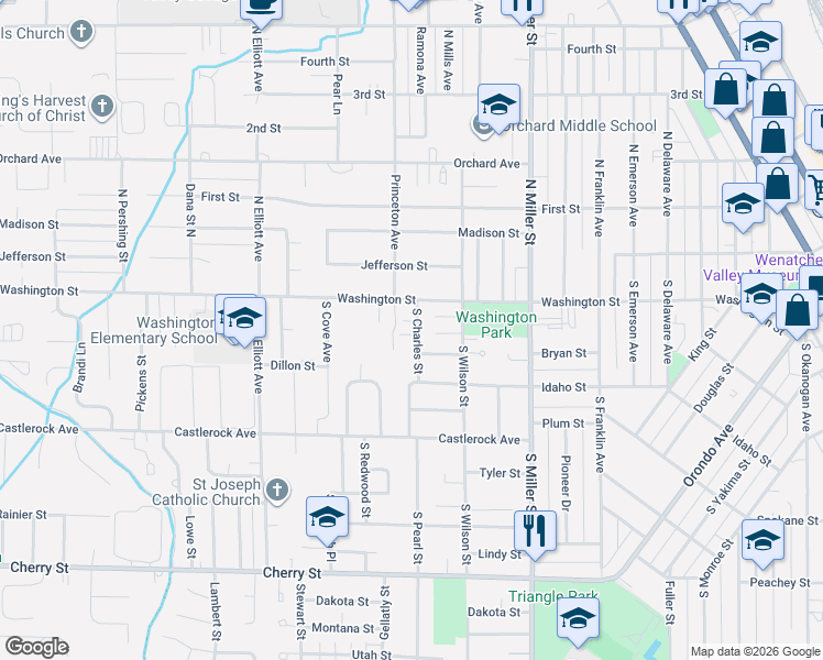 map of restaurants, bars, coffee shops, grocery stores, and more near 1151 Washington Street in Wenatchee