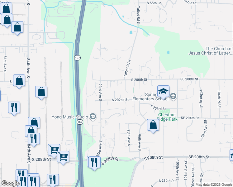 map of restaurants, bars, coffee shops, grocery stores, and more near 9329 South 200th Street in Kent