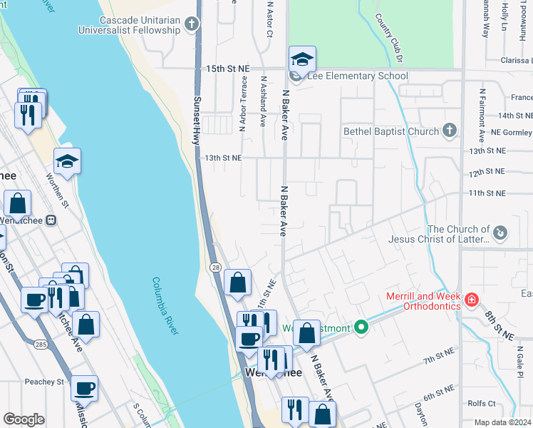 map of restaurants, bars, coffee shops, grocery stores, and more near 1138 North Baker Avenue in East Wenatchee