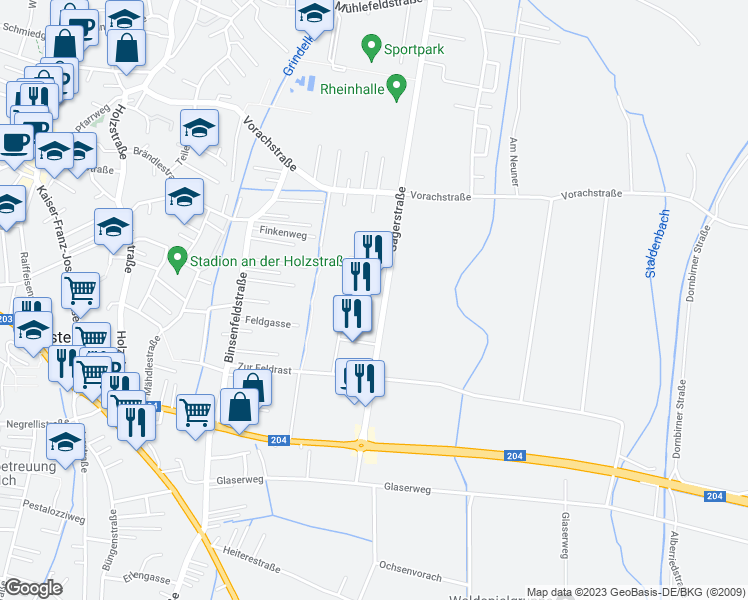 map of restaurants, bars, coffee shops, grocery stores, and more near 8 Millennium Park in Lustenau
