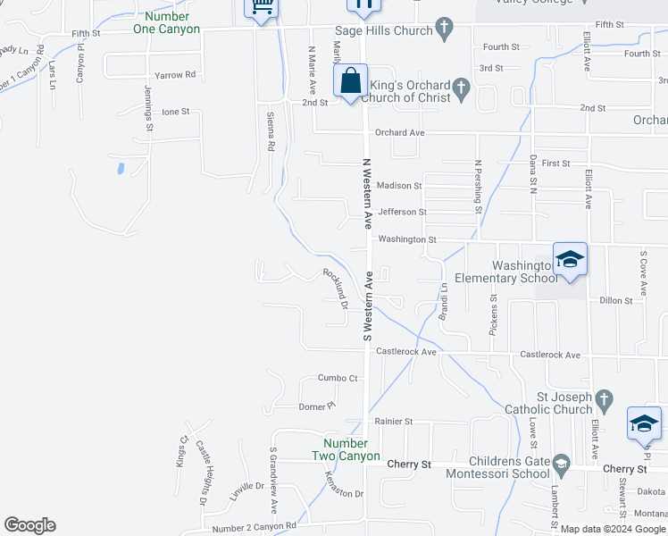 map of restaurants, bars, coffee shops, grocery stores, and more near 1822 Rocklund Drive in Wenatchee