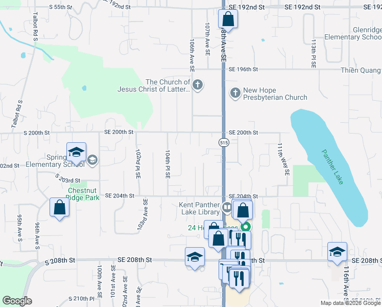 map of restaurants, bars, coffee shops, grocery stores, and more near 20021 106th Avenue Southeast in Kent
