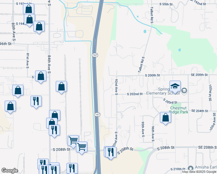 map of restaurants, bars, coffee shops, grocery stores, and more near 20018 90th Place South in Kent