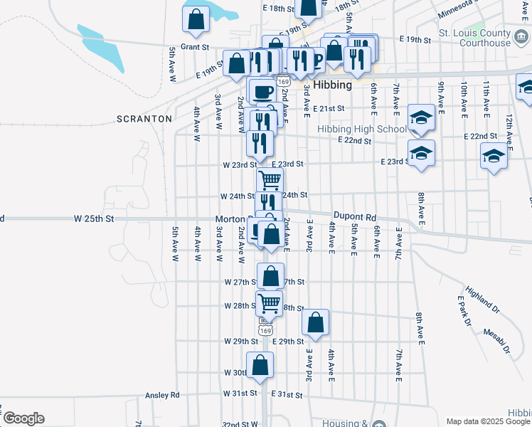 map of restaurants, bars, coffee shops, grocery stores, and more near 2400 1st Avenue in Hibbing