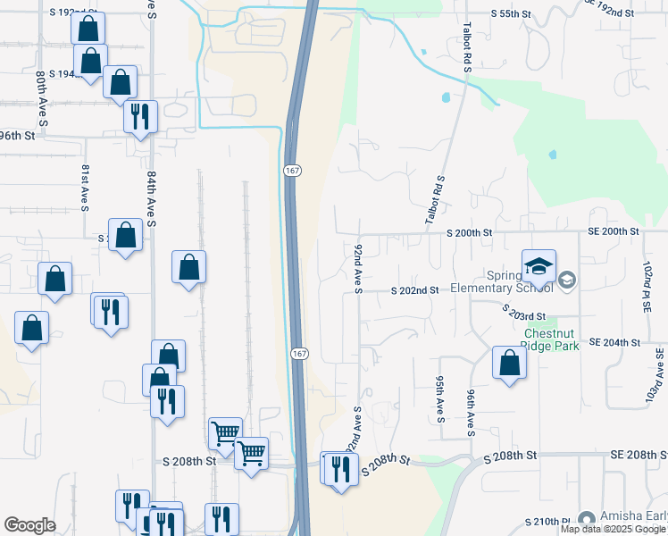 map of restaurants, bars, coffee shops, grocery stores, and more near 20018 90th Place South in Kent