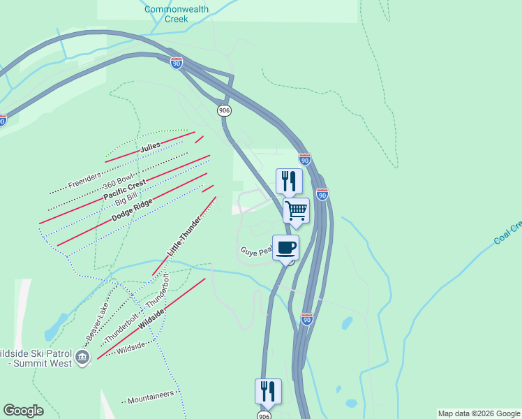map of restaurants, bars, coffee shops, grocery stores, and more near 521 Washington 906 in Snoqualmie Pass