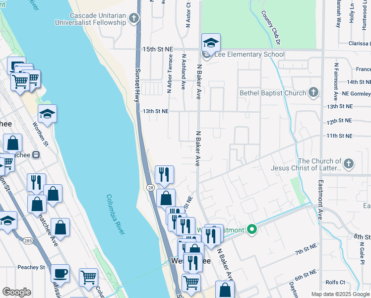 map of restaurants, bars, coffee shops, grocery stores, and more near 1186 North Ashland Avenue in East Wenatchee
