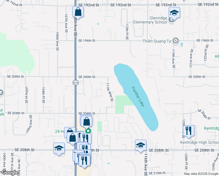 map of restaurants, bars, coffee shops, grocery stores, and more near 11213 Southeast 200th Street in Kent