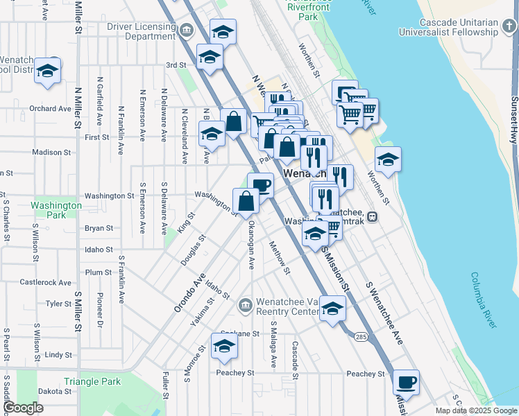 map of restaurants, bars, coffee shops, grocery stores, and more near 317 Orondo Avenue in Wenatchee