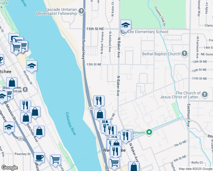 map of restaurants, bars, coffee shops, grocery stores, and more near 1186 North Ashland Avenue in East Wenatchee