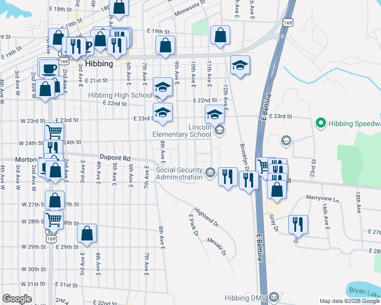 map of restaurants, bars, coffee shops, grocery stores, and more near 2401 10th Avenue East in Hibbing