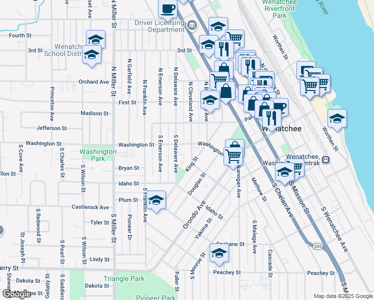 map of restaurants, bars, coffee shops, grocery stores, and more near 2 South Cleveland Avenue in Wenatchee