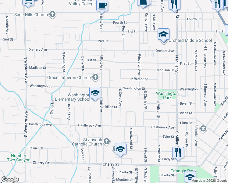 map of restaurants, bars, coffee shops, grocery stores, and more near 1305 Washington Street in Wenatchee