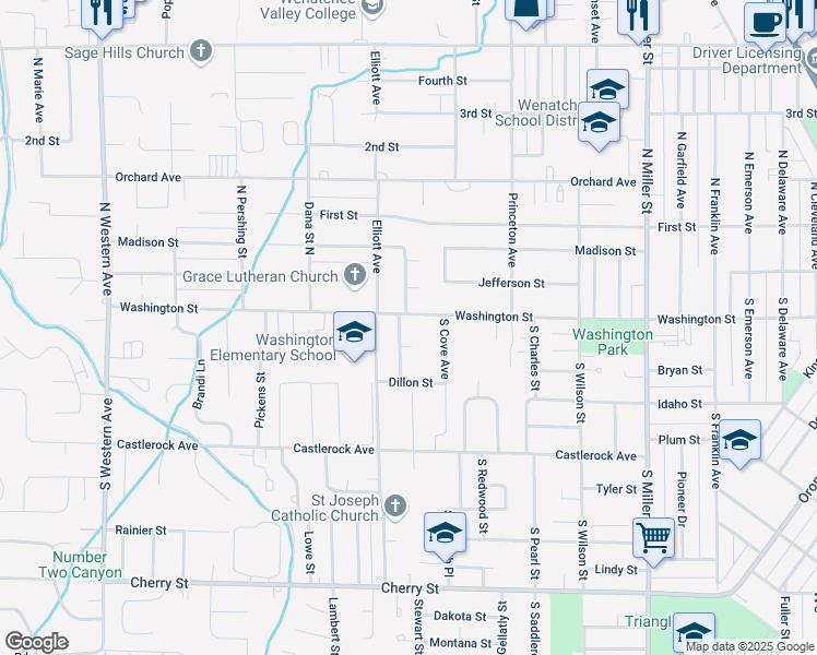 map of restaurants, bars, coffee shops, grocery stores, and more near 1335 Washington Street in Wenatchee
