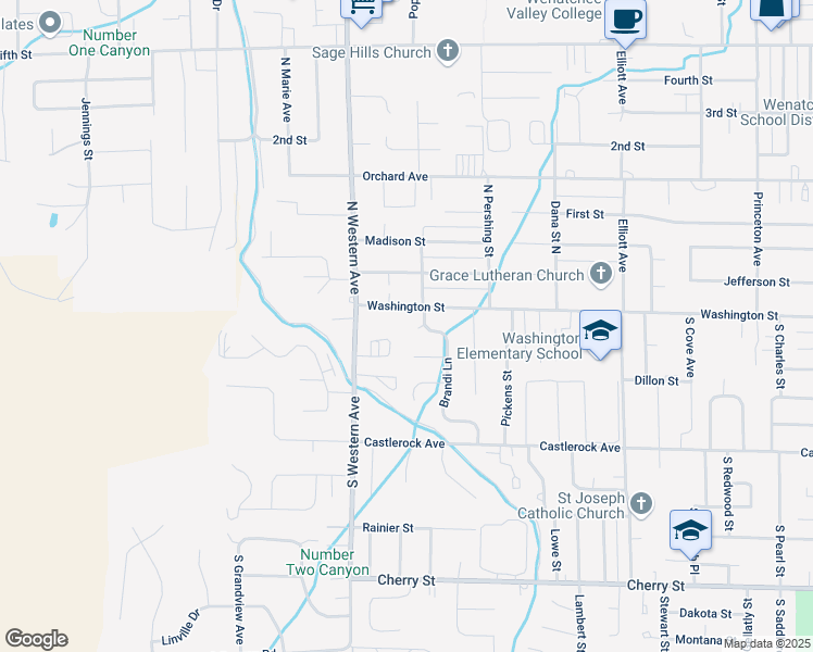 map of restaurants, bars, coffee shops, grocery stores, and more near 1703 Washington Street in Wenatchee