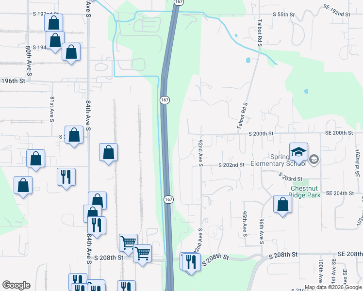 map of restaurants, bars, coffee shops, grocery stores, and more near 20024 90th Place South in Kent