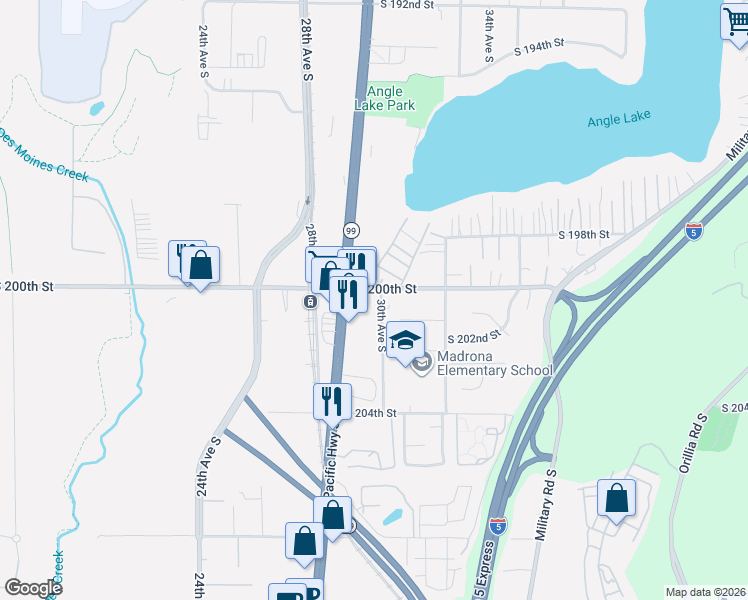 map of restaurants, bars, coffee shops, grocery stores, and more near 2929 South 200th Street in SeaTac